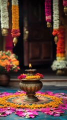 Beautifully carved brass lamp on a colorful rangoli, set in front of a traditional Indian home entrance decorated with flowers and hanging lanterns. Copy space, happy Diwali background, traditional