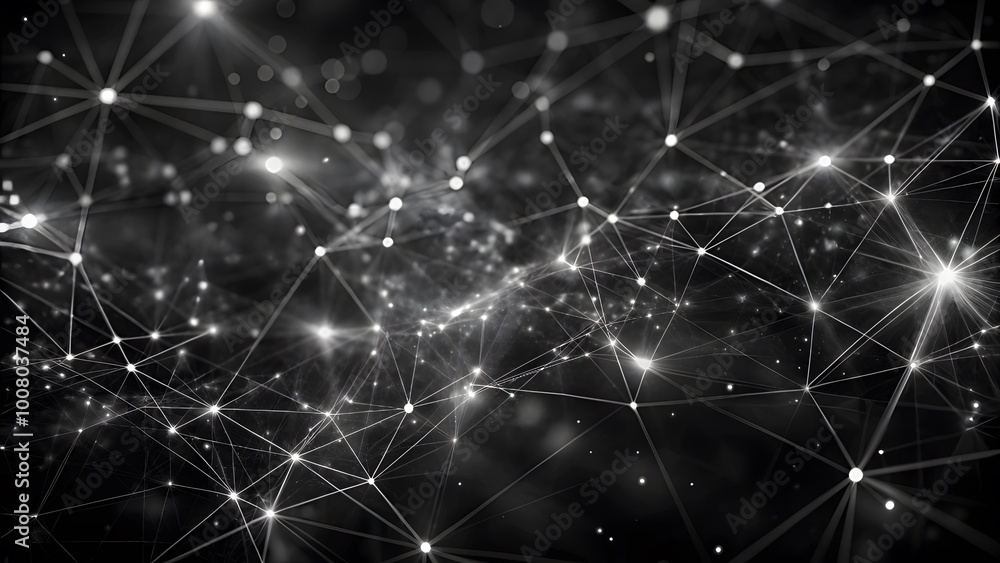 Poster Abstract wave with moving dots and lines. Glowing white particles form delicate connections in a dark digital space