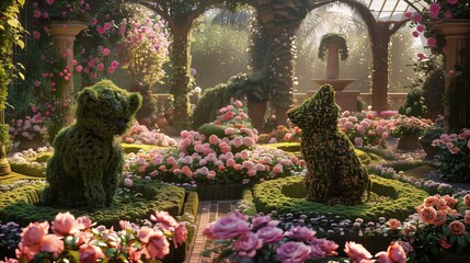 A lush flower garden with intricately trimmed topiary animals amidst blooming roses.