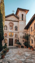 Obraz premium Charming stone church with beautiful frescoes and serene courtyard, surrounded by lush greenery in a tranquil setting.
