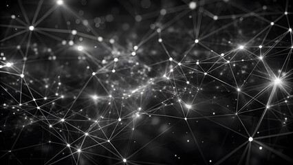 Fototapeta premium Abstract wave with moving dots and lines. Glowing white particles form delicate connections in a dark digital space