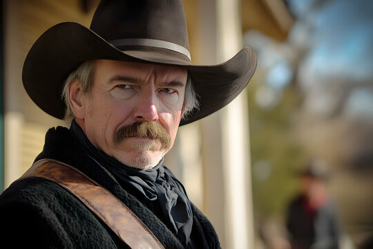Wild West cowboy portrait in classic hat and leather attire, capturing intense expression and vintage style for historical reenactment, western films, or themed photography projects