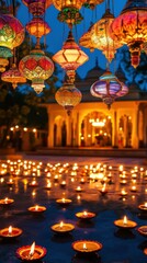 Obraz premium Bright, colorful lanterns hanging above a courtyard filled with glowing diyas, with a backdrop of a beautifully lit palace. Copy space, Indian traditional festival happy Diwali background