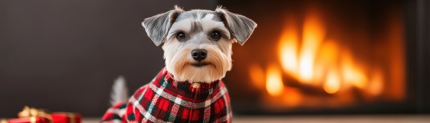 Naklejka premium A cozy Schnauzer in a plaid sweater sits by a warm fireplace, radiating holiday cheer and comfort during winter, dog in christmas costume