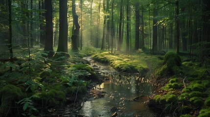 A lush forest clearing under the soft light of dawn, where dew glistens on leaves and a small stream winds gently through.