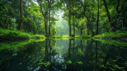 A lush forest mirrored perfectly in a clear pond.