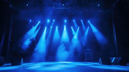 Event stage illuminated with cool blue lighting and spotlights, ready for a live performance