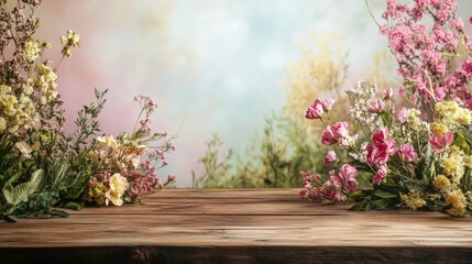 Floral background in spring colors with a wooden table, ideal for showcasing products in a nature-inspired setting.