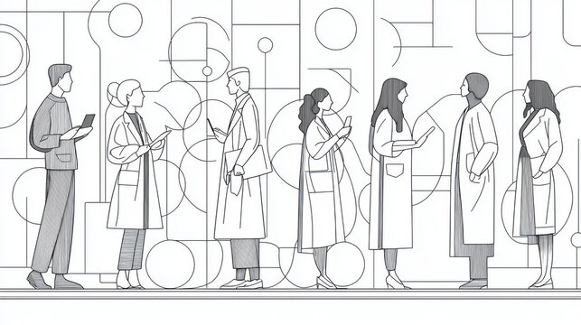 Medical team, line art, doctors and nurses collaboration, minimal outlines, dynamic yet simple composition