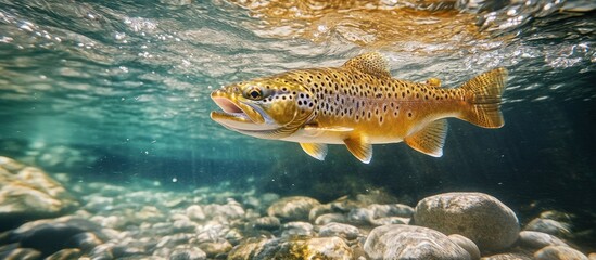 A brown trout swims in a clear river with sunlight shining down.
