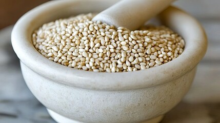 A close-up of a mortar and pestle grinding toasted sesame seeds into a fine powder, illustrating the traditional method of preparing the ingredient. --chaos 70 -