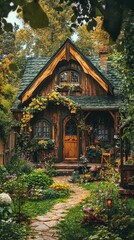 Charming wooden house surrounded by lush greenery and vibrant flowers, inviting nature and serenity.