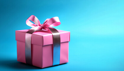 Fototapeta premium A pink gift box with a shiny ribbon sits against a vibrant blue background, symbolizing celebration and surprise.