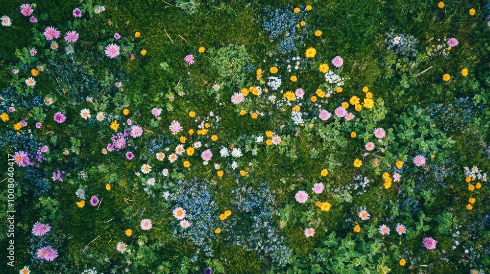 Aufkleber grass field from above with clusters of colorful flowers creating a fresh, natural pattern.