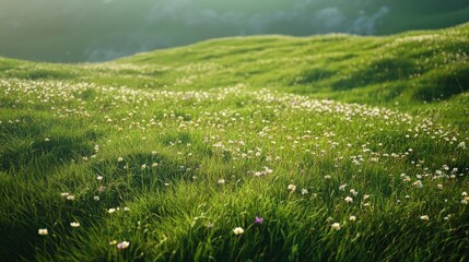 Green grass field with patches of wildflowers seen from the top, offering a serene, colorful view.