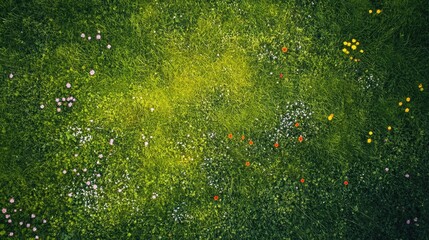 Green grass field with patches of wildflowers seen from the top, offering a serene, colorful view.