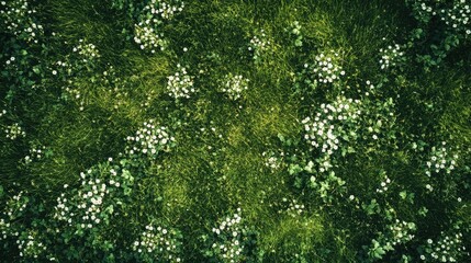 Fototapeta premium Green grass field with wildflowers forming natural clusters, viewed from above for a fresh look.
