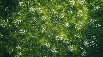 Fototapeta premium Green grass field with wildflowers forming natural clusters, viewed from above for a fresh look.