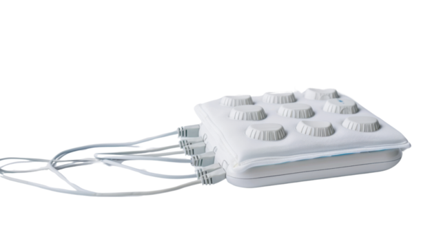 TENS therapy unit with electrodes on white background