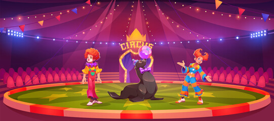 Circus arena with clowns and harbor seal with ball entertainment. Artist with trained animal on round scene with empty seats under classic cirque carnival red tent. Cartoon vector performance on stage © klyaksun