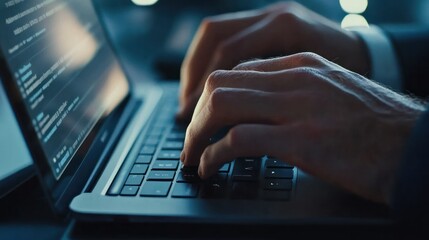 Closeup of businessman hands typing on laptop keyboard showcasing concept of online communication remote work and digital lifestyle of modern professional