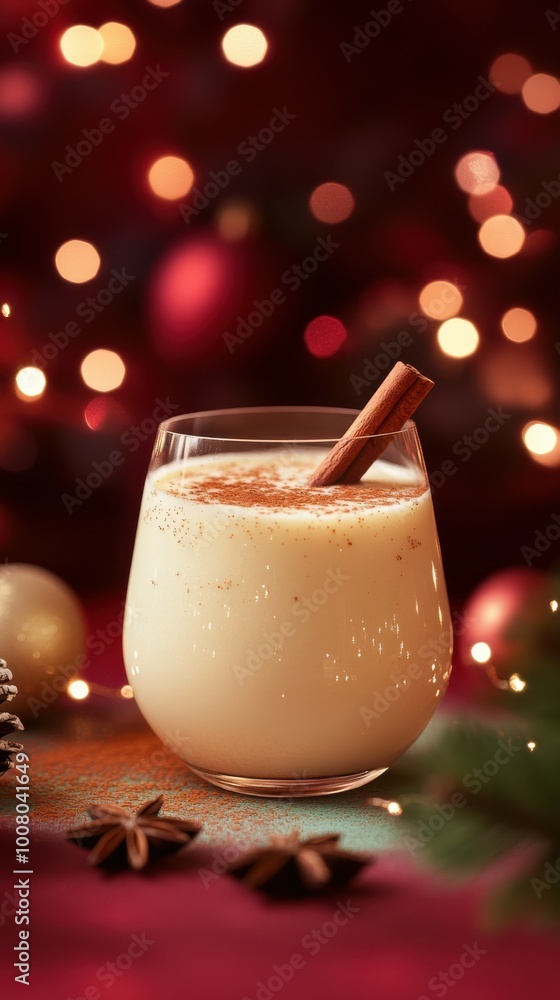 Poster eggnog in a glass with a cinnamon stick, placed on a mint table with a deep crimson backdrop and shi
