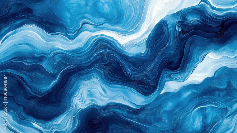 Poster horizontal background with vibrant blue abstract wave patterns creating fluid motion across the canv