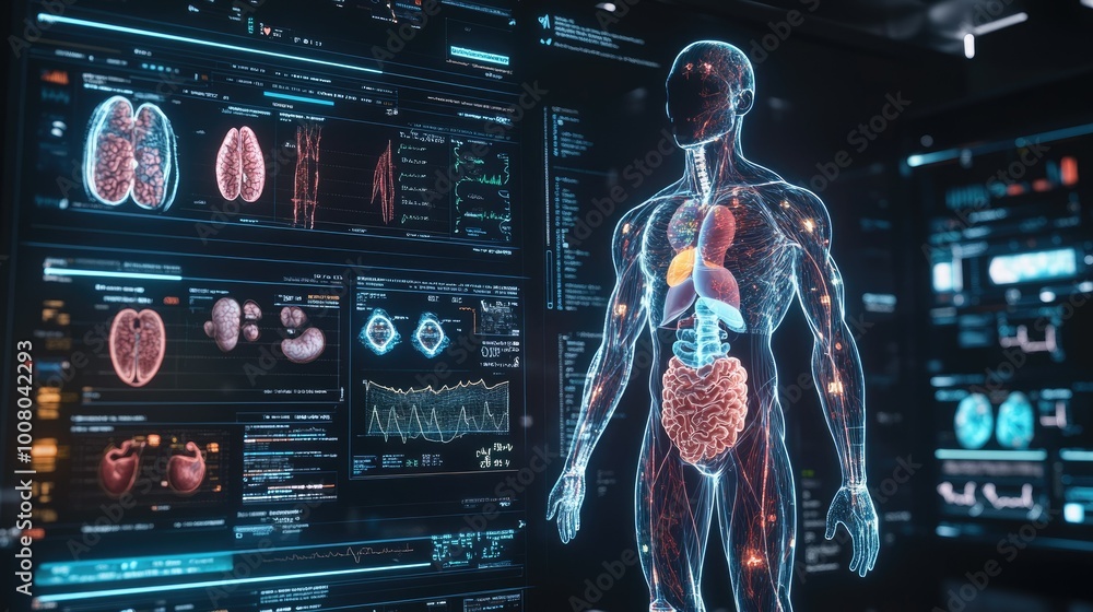 Poster interactive health interface with digital body model, highlighting key organs and health indicators.