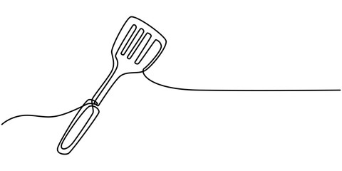 Continuous one line drawing of a kitchen spatula. Cooking spatula isolated on a white background. Vector illustration, Spatula. Icon. Vector drawing. One line art. A simple drawing of a continuous