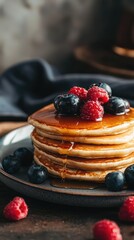 Delicious pancakes stacked high, drizzled with syrup, and topped with fresh blueberries and raspberries. Perfect breakfast treat.