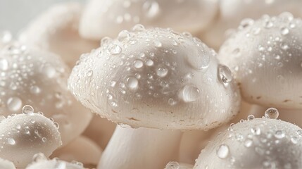 Isolated close-up of white mushrooms with water droplets, highlighting texture and freshness