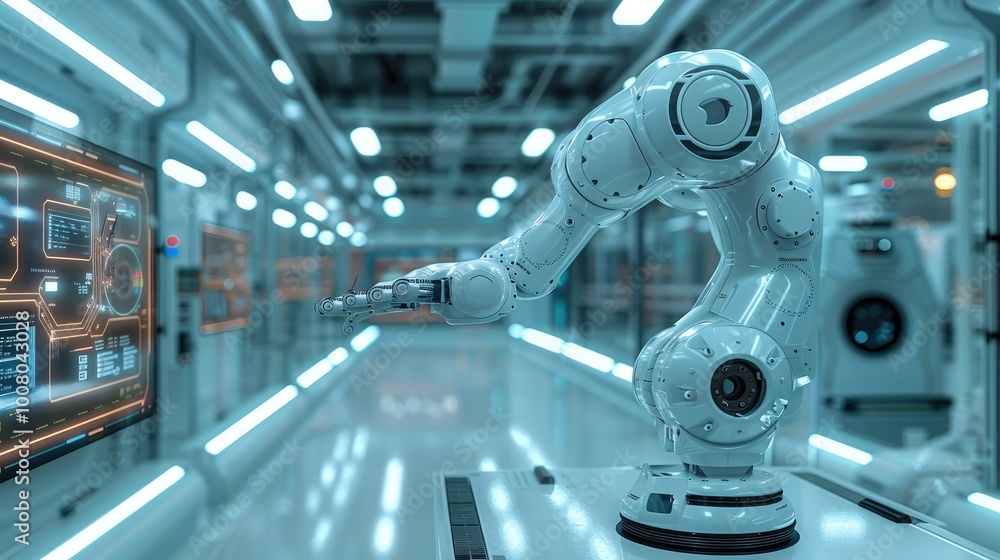 Poster A sleek, modern industrial environment showing a futuristic factory floor with advanced robotic arms and AI-driven interfaces displayed on transparent screens.