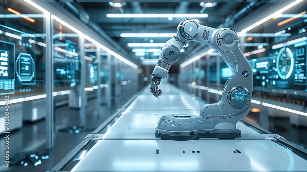 Poster A sleek, modern industrial environment showing a futuristic factory floor with advanced robotic arms and AI-driven interfaces displayed on transparent screens.