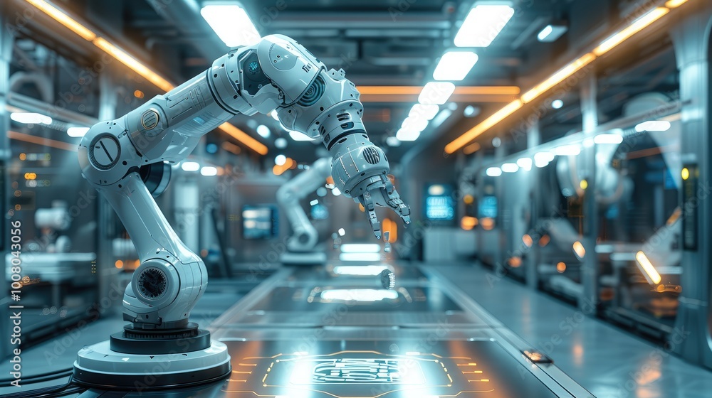 Aufkleber A sleek, modern industrial environment showing a futuristic factory floor with advanced robotic arms and AI-driven interfaces displayed on transparent screens.