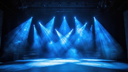 Large stage illuminated in vibrant blue hues, with spotlights casting dramatic shadows