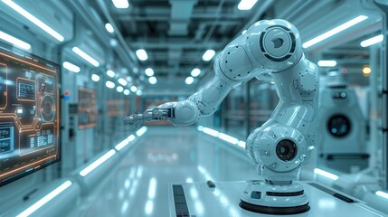 Fototapeta premium A sleek, modern industrial environment showing a futuristic factory floor with advanced robotic arms and AI-driven interfaces displayed on transparent screens.