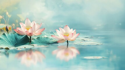 Lotus flowers in full bloom on turquoise water at sunrise, casting soft reflections in a serene atmosphere.