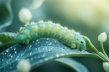 Fototapeta premium A green caterpillar with dew drops on a leaf.