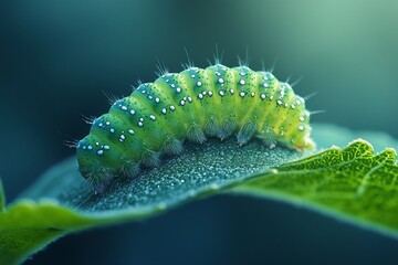 Fototapeta premium A green caterpillar with dew drops on it, sitting on a leaf.