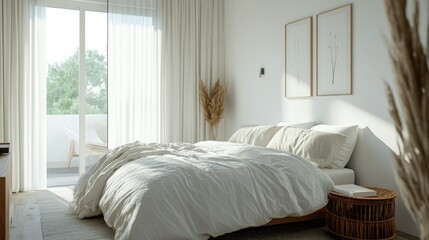 Minimalist Scandinavian bedroom with clean lines, neutral colors, and a cozy Hygge vibe, highlighting comfort and simplicity