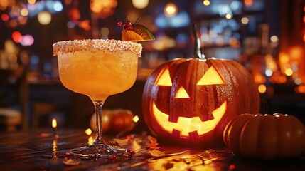 A delicious margarita and a halloween pumpkin in a cocktail promo, restaurant advertising