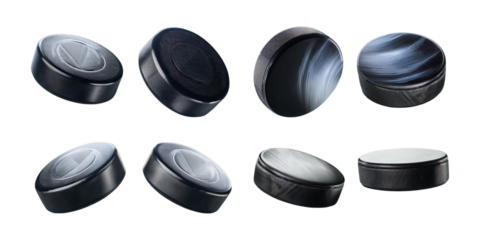 Ice hockey pucks set in cartoon style with motion trails isolated on transparent background