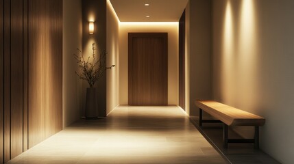 Modern entrance hallway with a wooden bench, minimalist decor, and soft lighting, creating a cozy yet welcoming atmosphere