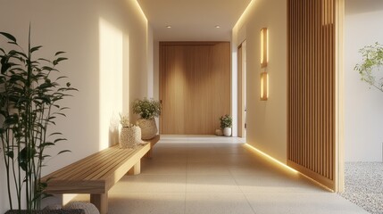 Modern entrance hallway with a wooden bench, minimalist decor, and soft lighting, creating a cozy yet welcoming atmosphere