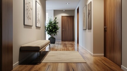 Modern hallway with wooden flooring, a stylish bench, and simple yet elegant decor, creating a warm, inviting entrance space