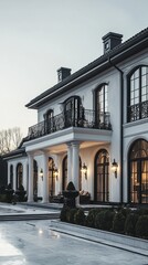 Obraz premium Elegant modern mansion with a beautiful facade and intricate balcony details, perfect for luxury real estate imagery.