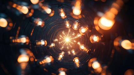 Multiple light bulbs in constant rotational motion, forming a spiral of illumination against a dark backdrop.