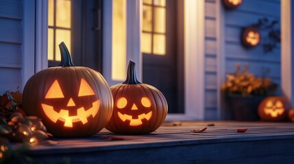 Fototapeta premium Carved Halloween pumpkins with glowing faces placed on the front porch at night, accompanied by flickering candles near a house in the soft evening light. The scene captures the spooky and festive spi