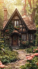 Enchanting cottage nestled in a lush forest, featuring vibrant flowers and rich greenery, evoking a serene and magical atmosphere.