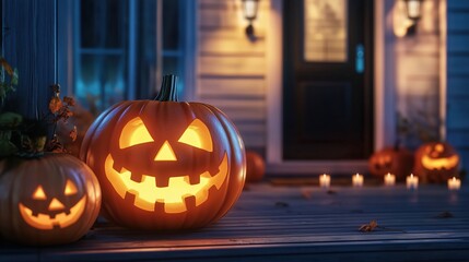 Carved Halloween pumpkins with glowing faces placed on the front porch at night, accompanied by flickering candles near a house in the soft evening light. The scene captures the spooky and festive spi